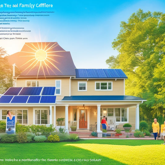 A picturesque suburban home with solar panels gleaming on the roof, surrounded by lush green trees. In the foreground, a happy family examines a colorful infographic on solar incentives, with a bright sun shining overhead.