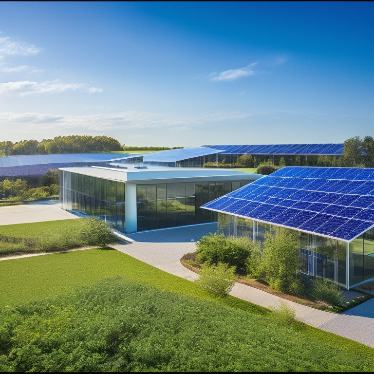 A modern commercial building with solar panels on the roof, wind turbines nearby, lush green landscaping, and energy-efficient windows reflecting sunlight, showcasing vibrant greenery and innovative technology harmonizing with nature.
