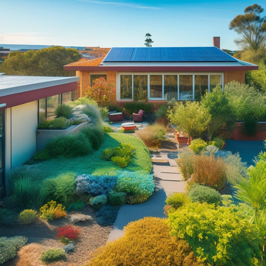 A lush green rooftop adorned with various plants, succulents, and grasses, interspersed with solar panels, surrounded by a bright blue sky and a modern home, showcasing eco-friendly materials and sustainable living.
