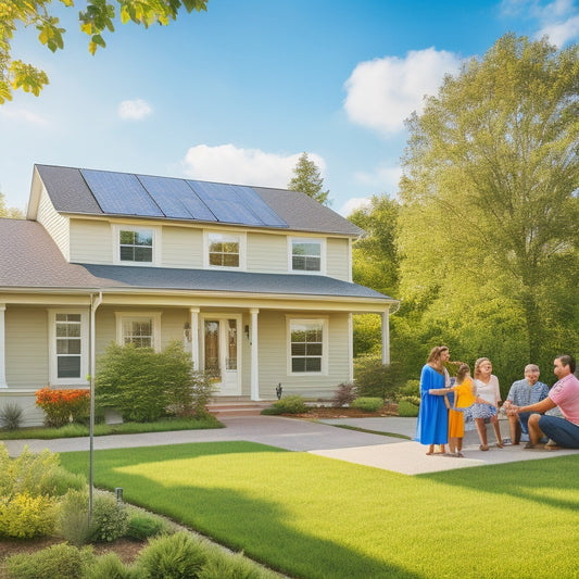 A serene suburban neighborhood with solar panels glistening on rooftops, a family discussing financing options outside a clean energy office, surrounded by lush greenery and bright blue skies, conveying a sense of community and sustainability.