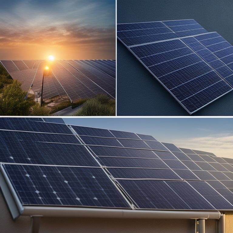 A split-screen image featuring a sleek, modern solar panel installation on a rooftop on one side, and a close-up of a single solar panel with a subtle grid pattern and a small, shining lightbulb icon on the other side.