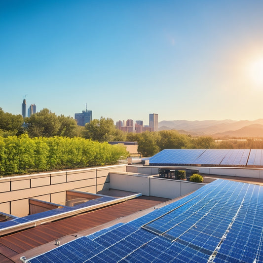 A bustling small business rooftop adorned with sleek solar panels, sunlight glinting off their surface, surrounded by greenery and a clear blue sky, symbolizing sustainability and financial growth.