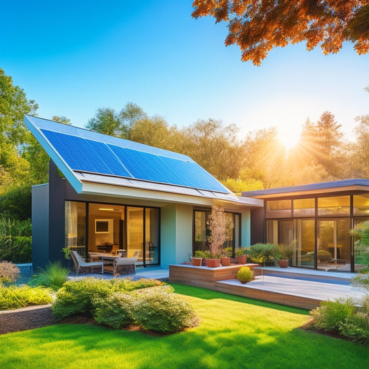 A modern home with sleek solar panels on its roof, surrounded by lush greenery, a vibrant garden, and a bright blue sky. Sunlight glistens on the panels, highlighting their eco-friendly design.