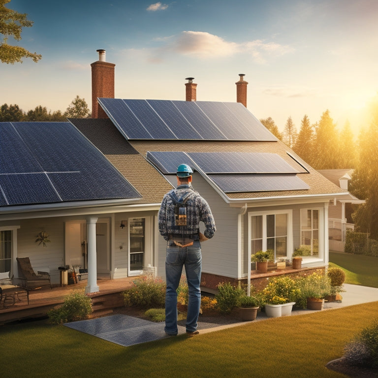 A photorealistic illustration of a DIY homeowner standing on a rooftop, surrounded by solar panels, tools, and electrical components, with a subtle background of a sunny sky and residential houses.