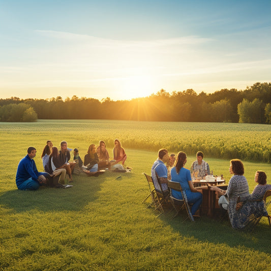 A serene landscape featuring solar panels in a sunlit field, with a diverse group of people engaged in discussion, surrounded by greenery, emphasizing collaboration and sustainability in renewable energy.