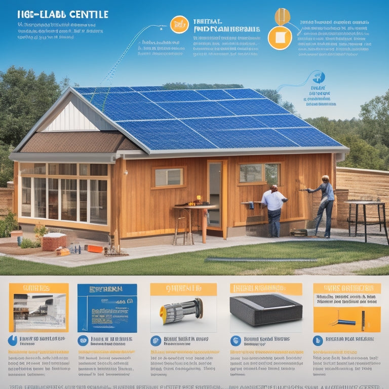 A step-by-step infographic featuring a roof with solar panels, tools, and materials, showcasing a person measuring, drilling, and installing panels in a bright, sunny environment with a subtle grid background.