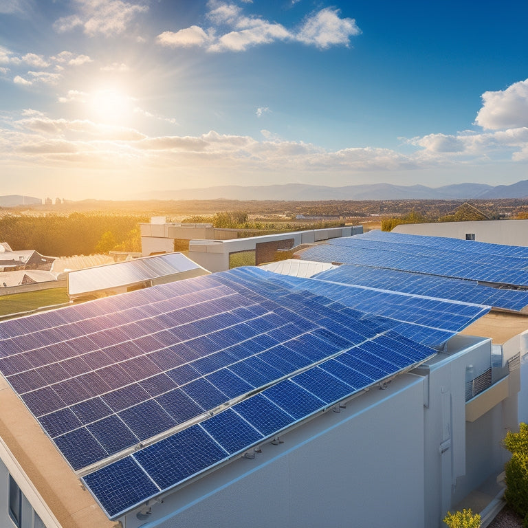 An illustration of a modern residential rooftop with solar panels of varying sizes and angles, surrounded by icons of a house, sun, and electricity meter, set against a bright blue sky with fluffy white clouds.