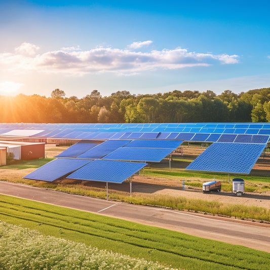 A vibrant community solar farm with diverse local businesses in the foreground, solar panels gleaming under a clear blue sky, surrounded by lush greenery, and people collaborating, showcasing sustainability and community spirit.