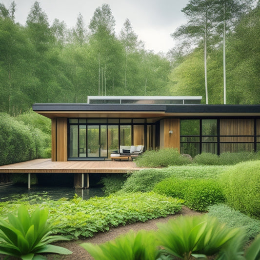 A modern home built with bamboo siding, recycled steel beams, solar panels on the roof, surrounded by lush greenery and a rainwater harvesting system, showcasing harmony between architecture and nature.