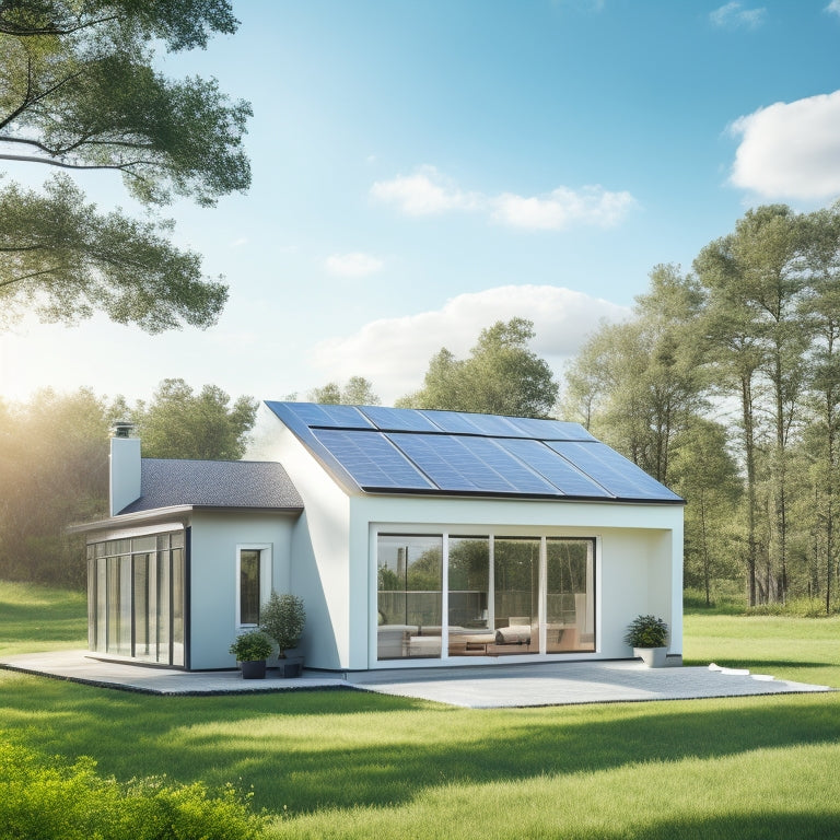 A serene, modern solar-powered house with a sleek, grey roof, surrounded by lush greenery, featuring large windows and a minimalist exterior, set against a bright blue sky with fluffy white clouds.