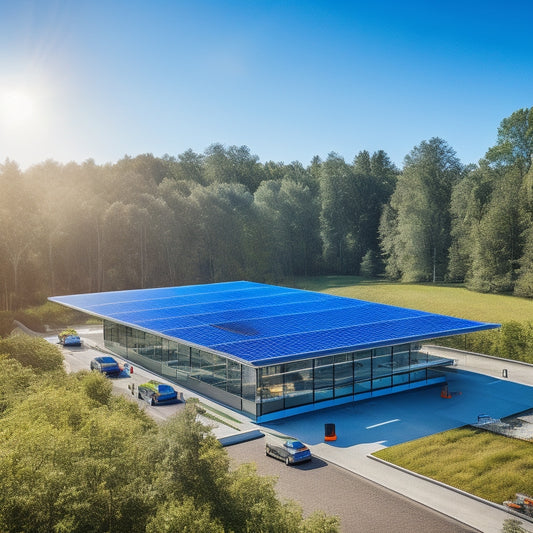 A modern office building with a flat roof covered in sleek solar panels, surrounded by green trees and a clear blue sky. Workers in hard hats are installing panels, showcasing teamwork and innovation.