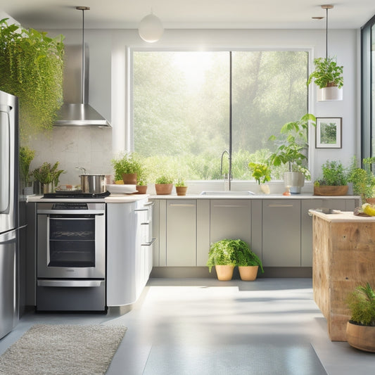 A modern kitchen featuring sleek, energy-efficient appliances, such as a solar-powered refrigerator, an induction cooktop, and a washing machine with a green label, surrounded by potted plants and natural light streaming in through windows.
