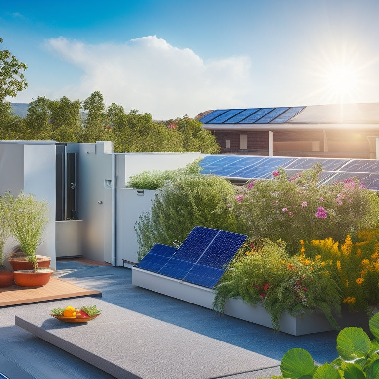 A sunlit rooftop adorned with sleek, modern solar panels, surrounded by lush greenery and blooming flowers, showcasing vibrant energy-efficient appliances and a serene, eco-friendly home environment under a bright blue sky.