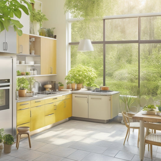 A bright, sunlit kitchen featuring sleek solar-powered appliances: a radiant electric stove, energy-efficient refrigerator, and a solar oven, surrounded by green plants and large windows showcasing a vibrant garden outside.