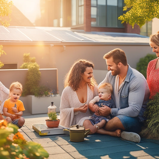 A sun-drenched rooftop adorned with solar panels, surrounded by greenery, with a family happily inspecting their energy meter. Sun rays glinting off the panels, symbolizing savings and sustainability.