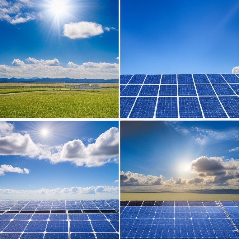 A split-screen image featuring 5-7 solar panels from different brands, each with distinct designs, frames, and cell patterns, set against a bright blue sky with fluffy white clouds.