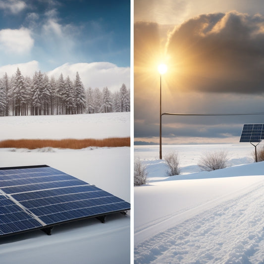 A split scene showing a solar panel array under bright sunlight on one side, and on the other, a panel covered in snow with dark clouds overhead, illustrating contrasting weather conditions impacting performance.
