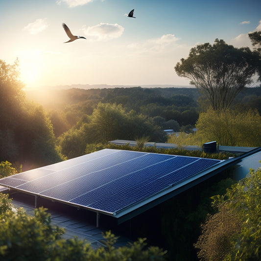 A serene rooftop landscape featuring solar panels glinting in the sun, surrounded by lush greenery, blue skies, and birds, showcasing the harmony of sustainable energy with nature.