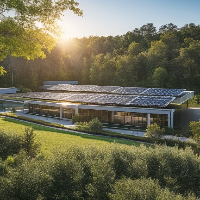 A sleek, modern commercial building with solar panels on the roof, surrounded by lush greenery. In the foreground, large battery storage units, with sunlight reflecting off their surfaces, symbolize sustainable energy practices.