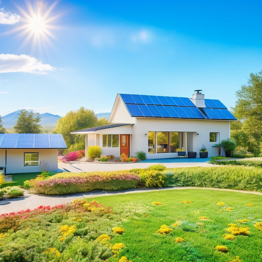 A modern green home with sleek solar panels on the roof, surrounded by lush gardens, wind turbines in the distance, and vibrant flowers blooming, all bathed in warm sunlight under a clear blue sky.