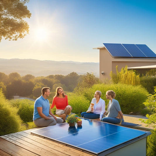 A serene rooftop landscape under a bright sun, featuring solar panels glistening, surrounded by lush greenery. A family discusses options with a solar consultant, with a clear blue sky above, symbolizing hope and sustainability.
