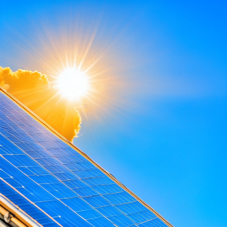 A close-up of a solar panel with sunlight reflecting off its surface, showcasing intricate cells and wiring. In the background, a vibrant blue sky with fluffy white clouds and a sun casting warm rays.