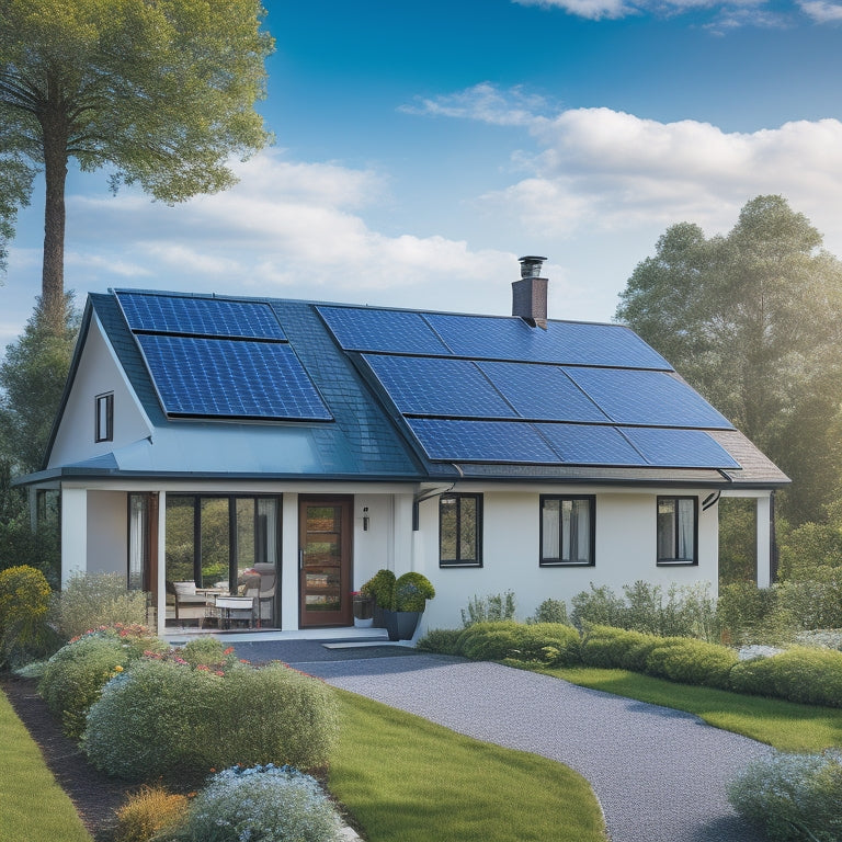 A serene suburban house with a mix of snowy roof tiles and sleek black solar panels, surrounded by lush greenery, under a bright blue sky with a few puffy white clouds.