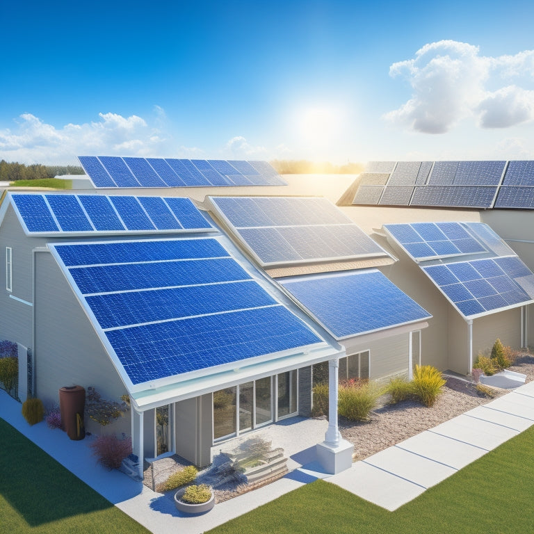 An illustration of various home solar systems, showcasing a mix of rooftop installations, ground-mounted arrays, solar shingles, and solar panels integrated into building facades, set against a bright blue sky with fluffy white clouds.