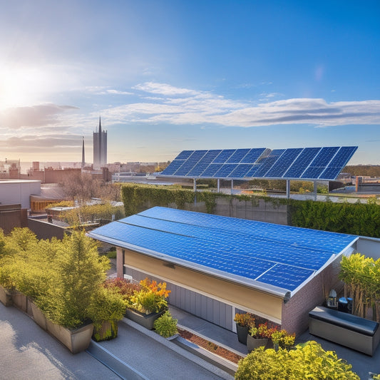 A vibrant small business rooftop adorned with sleek solar panels, a compact battery storage unit beside it, surrounded by greenery, sunlight streaming down, casting dynamic shadows, showcasing sustainable energy in action.