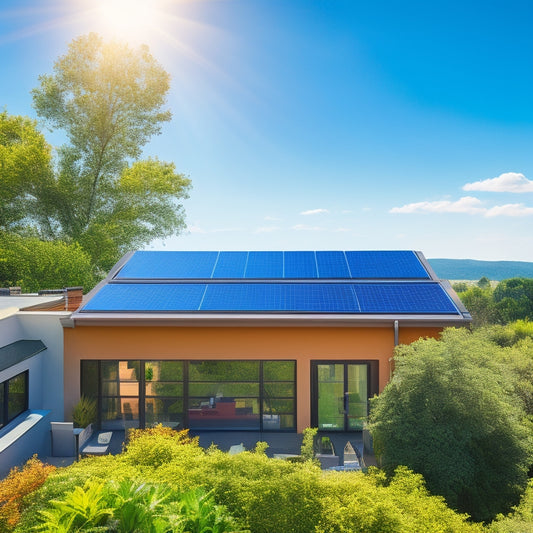 A sun-drenched rooftop adorned with sleek solar panels, surrounded by lush greenery, a modern home in the background, and a vibrant blue sky overhead, illustrating sustainable energy independence and efficiency.