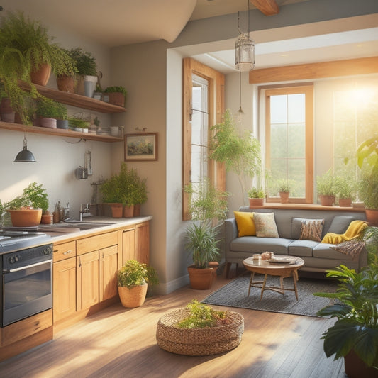 A cozy, sunlit living room with large windows, potted plants, and solar panels on the roof. Energy-efficient appliances in the kitchen, reusable bags hanging by the door, and a small garden visible outside.