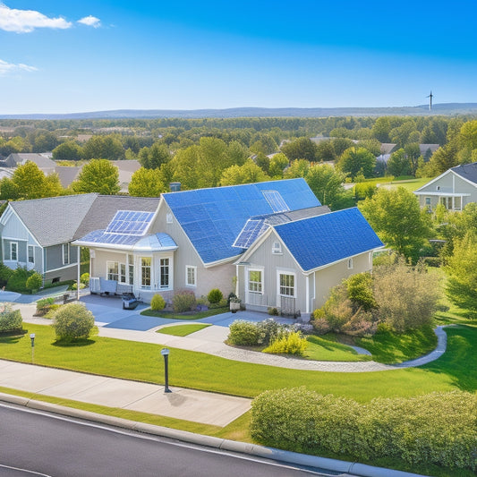 A serene suburban neighborhood with solar panels on rooftops, lush green gardens, energy-efficient appliances in kitchens, and families engaging in outdoor activities, surrounded by trees and wind turbines in the distance under a clear blue sky.