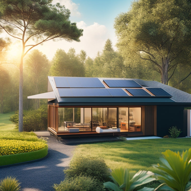 A serene landscape with a small, modern home surrounded by lush greenery, featuring a sleek, black solar panel array on the roof, with a few panels angled to maximize sunlight exposure.