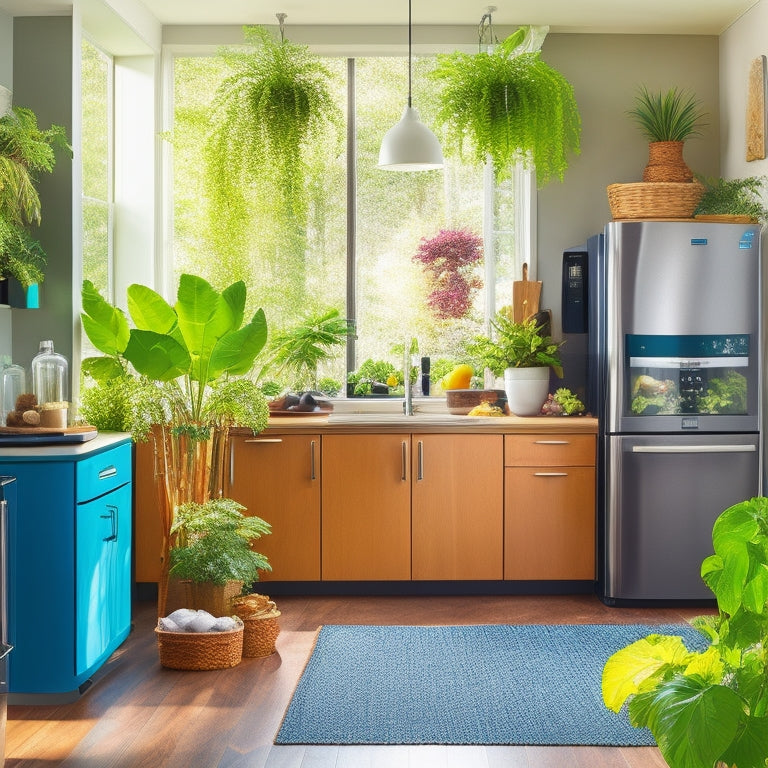 A bright, modern kitchen featuring energy-efficient appliances: a sleek stainless steel refrigerator, a bamboo countertop, a solar-powered blender, and a compost bin, surrounded by vibrant indoor plants and natural light streaming through a window.