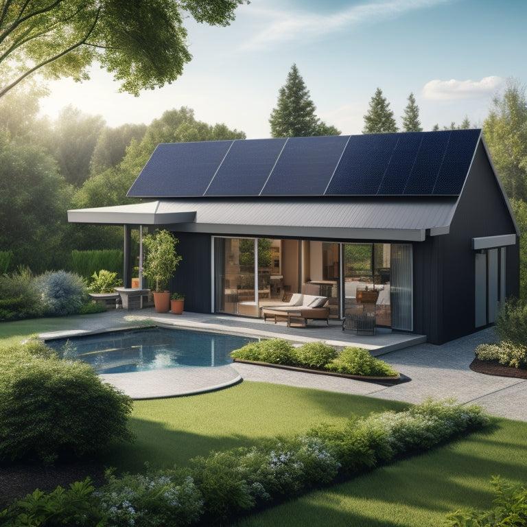 A serene suburban backyard with a modern single-story house, featuring a sloping roof covered in sleek black solar panels, surrounded by lush greenery and a few fluffy white clouds.