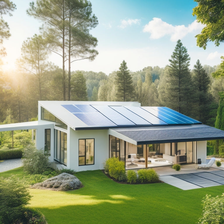 A serene, modern home with sleek solar panels on the roof, surrounded by lush greenery, with a bright blue sky and a few fluffy white clouds, showcasing a seamless blend of nature and technology.