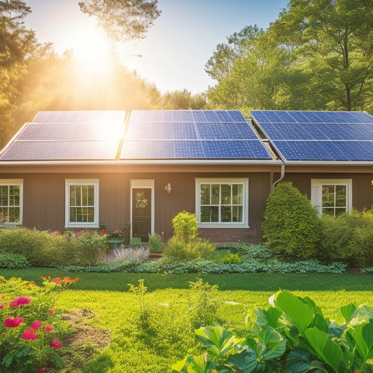 A vibrant solar panel array glistens under a bright sun, surrounded by lush greenery and a serene home. Nearby, a family plants a garden, symbolizing energy independence and sustainable living in harmony.