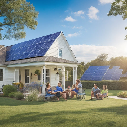 A serene suburban scene featuring solar panels on rooftops, a wind turbine in a backyard, lush greenery, and a family happily enjoying a picnic, all under a bright blue sky with fluffy white clouds.