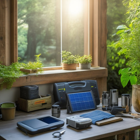 A serene workshop scene showcasing solar batteries on a wooden workbench, surrounded by tools, a multimeter, and a sunny window, with greenery outside, emphasizing careful maintenance and optimal performance.
