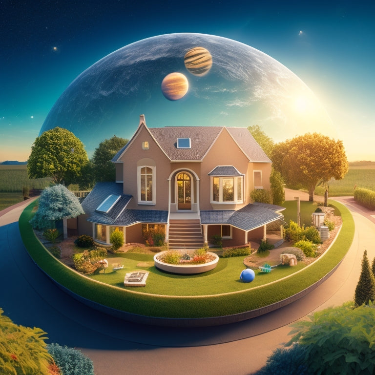 A whimsical illustration of a residential home surrounded by solar panels, with planets from the Solar System orbiting around it, each planet representing a different aspect of home energy efficiency.