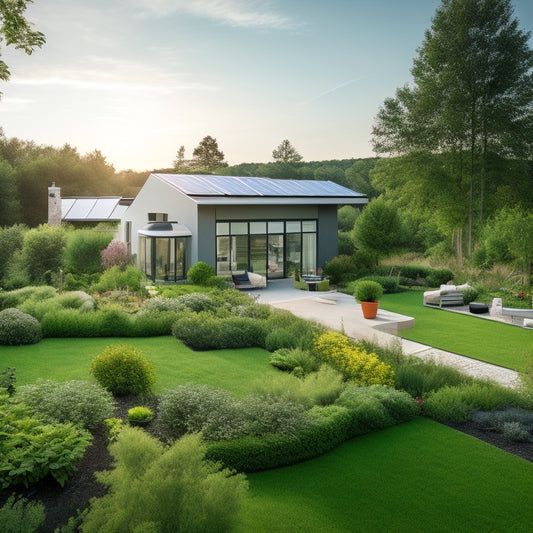 A serene modern home surrounded by lush greenery, solar panels gleaming on the roof, a wind turbine in the background, and a vibrant vegetable garden in the foreground, showcasing sustainable living and eco-friendly energy choices.
