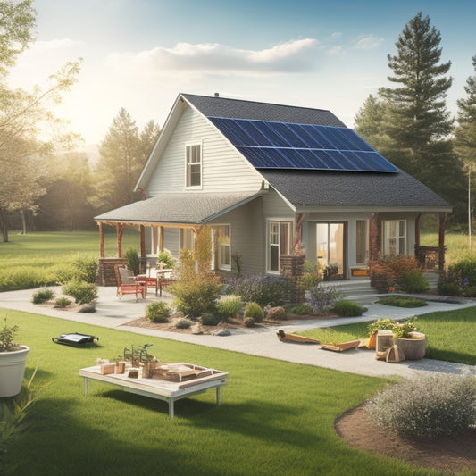 A serene landscape with a single-story house, solar panels installed on the roof, a ladder leaning against the side, a toolbox open on the lawn, and a few scattered tools nearby.