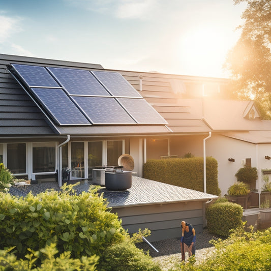 A sunlit rooftop adorned with vibrant solar panels, surrounded by lush greenery, showcasing a homeowner gently cleaning the panels with a soft brush, while a nearby toolkit and water bucket sit ready for maintenance.