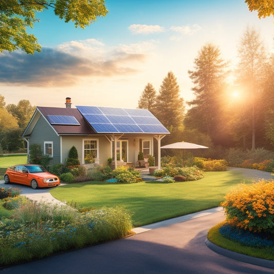 A serene suburban landscape showcasing solar panels on rooftops, a wind turbine in the background, and a lush garden with native plants. Sunlight filters through trees, highlighting an electric vehicle charging station.