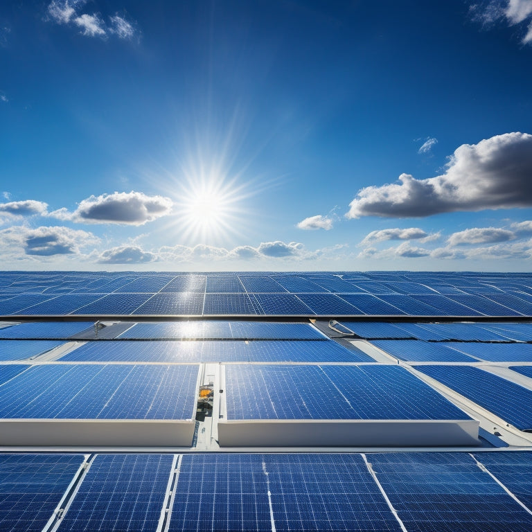 A bright blue sky with fluffy white clouds, a row of sleek black solar panels on a modern rooftop, and a few shiny silver dollars scattered around the panels.