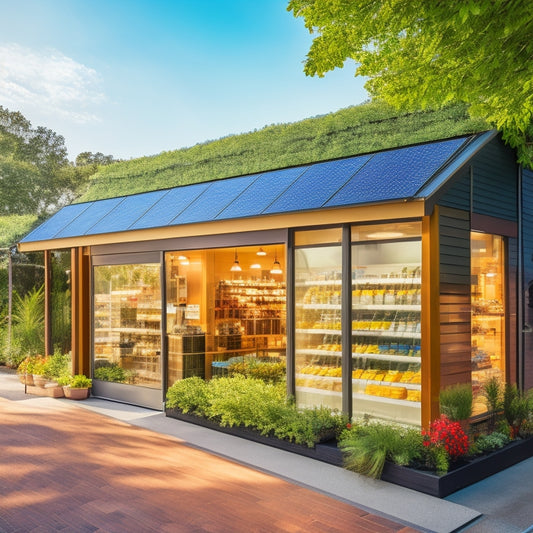 A vibrant retail storefront adorned with solar panels on the roof, surrounded by lush greenery. Sunlight beams down, reflecting off the panels, while customers browse eco-friendly products outside, embodying sustainability and innovation.
