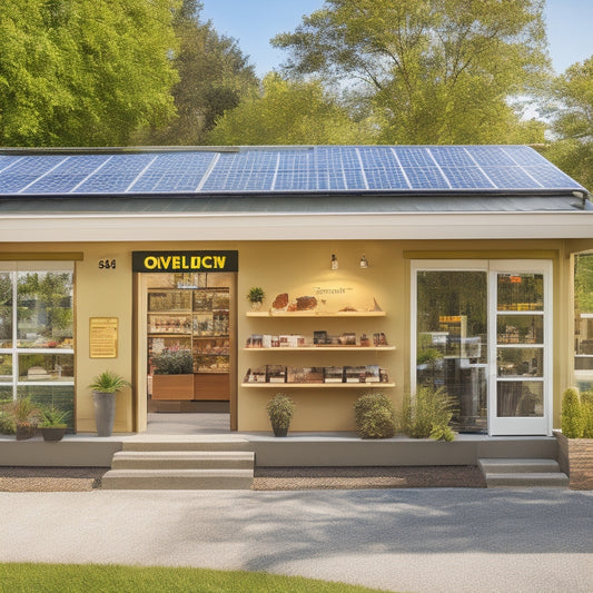 A vibrant small business storefront with solar panels on the roof, surrounded by lush greenery, showcasing a bright sunny day. Include smiling employees interacting with customers, emphasizing sustainability and innovation.