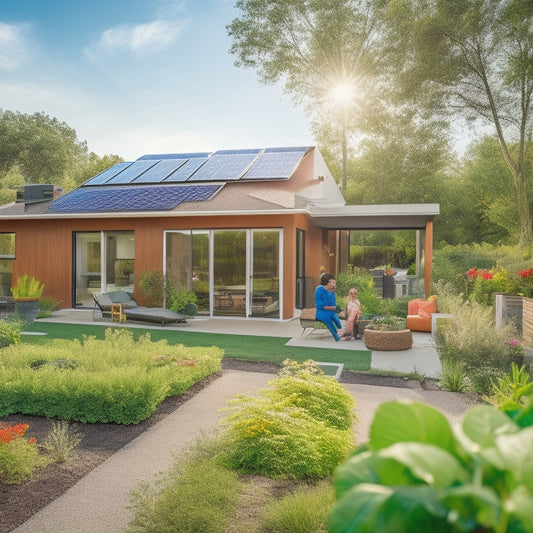 A cozy, modern home surrounded by lush greenery, featuring solar panels on the roof, a rainwater harvesting system, and a vibrant vegetable garden, with a family enjoying outdoor activities under a bright blue sky.