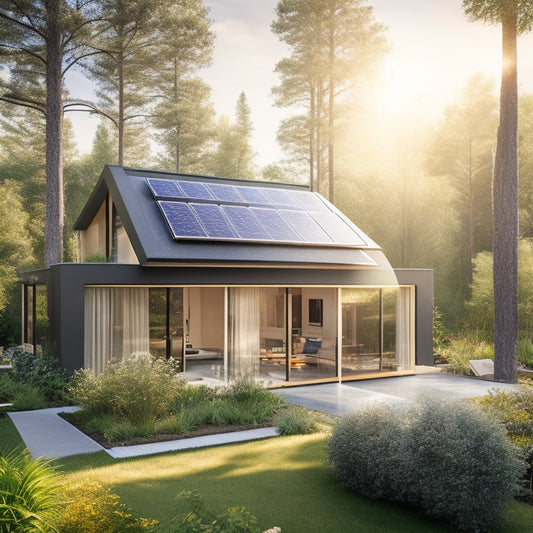 A sleek, modern home with solar panels gleaming under a bright sun, surrounded by lush greenery, energy-efficient appliances visible through large windows, and a vibrant garden showcasing sustainable living practices.