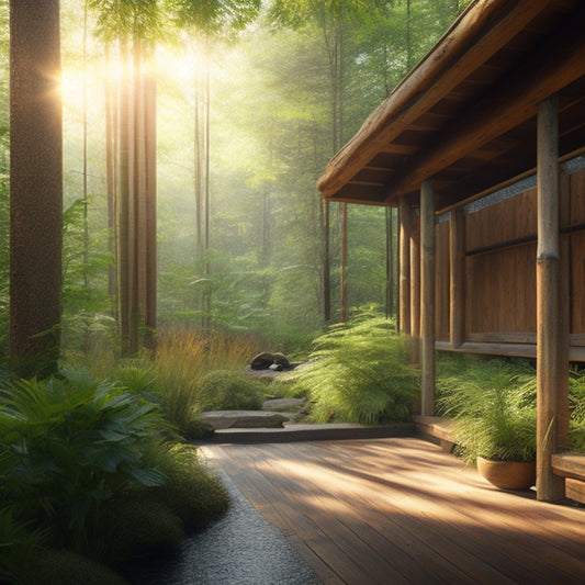 A serene forest scene showcasing a variety of sustainable building materials: reclaimed wood beams, bamboo panels, recycled metal roofing, and natural stone, all surrounded by greenery, sunlight filtering through leaves above.